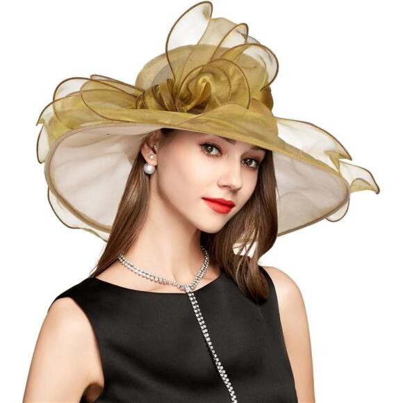 Derby Hats for Women, Classy Organza Sun Hat, Khaki - Picture 1 of 6